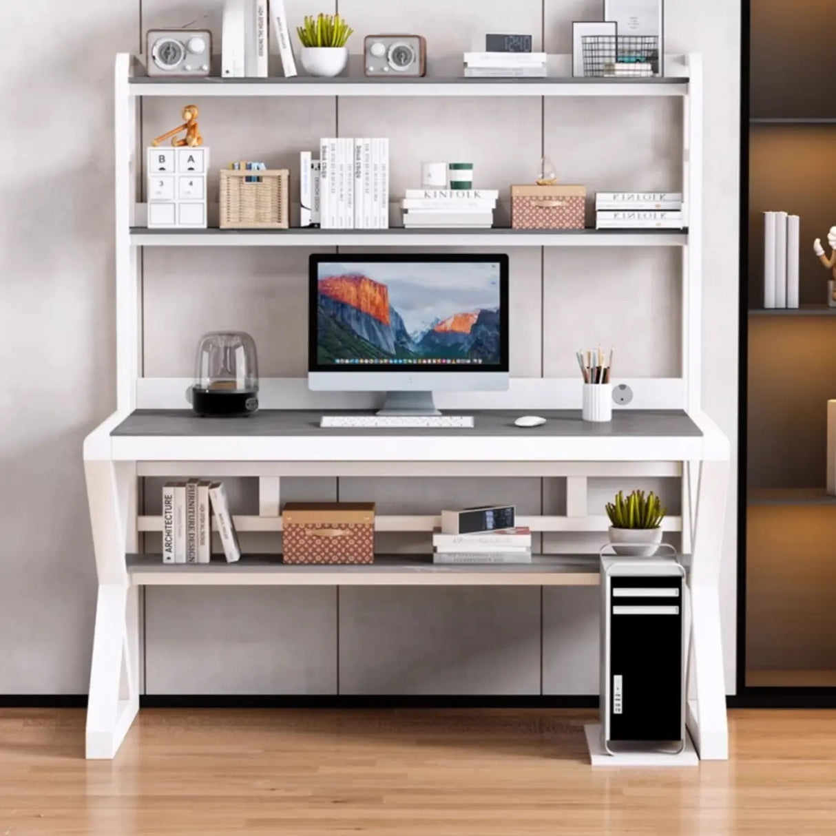 Rock Beam Kids Computer Desk with Hutch and Shelves Image - 3