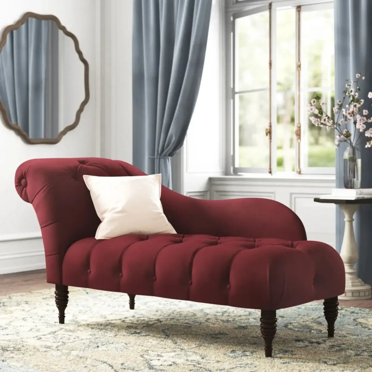 Rolled-Arm Velvet Solid Color Tufted Chaise Lounge Sofa Image - 1