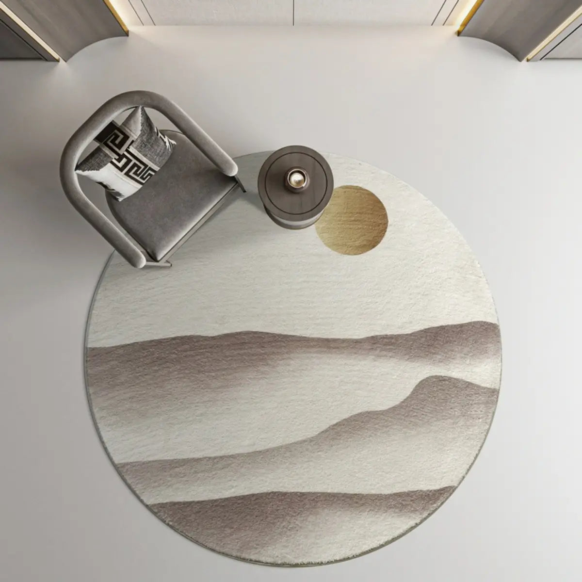 Round Abstract Mountain Pattern Wool Beige Area Rug Image - 1