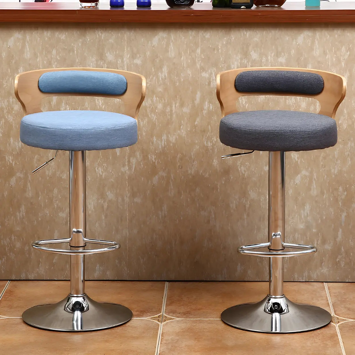 Round Adjustable Fabric Cotton Cushion Swivel Bar Stool Image - 1