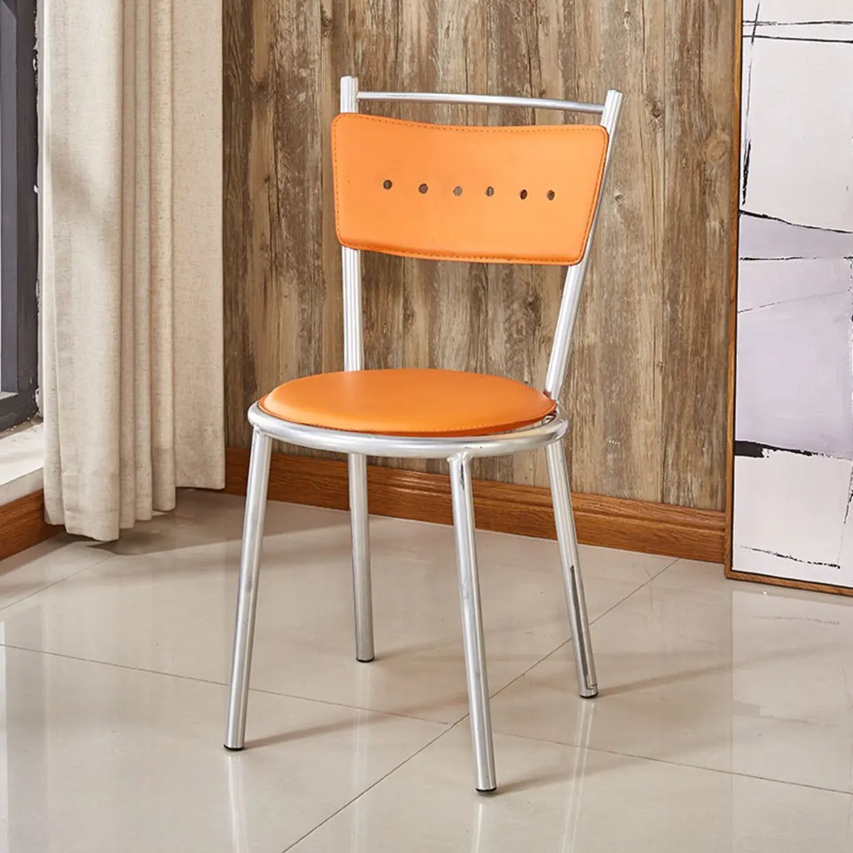 Round Armless Faux Leather Open Back Metal Dining Chair Image - 11