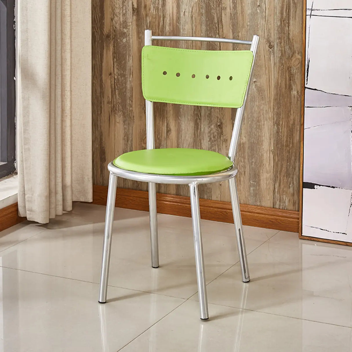 Round Armless Faux Leather Open Back Metal Dining Chair Image - 13