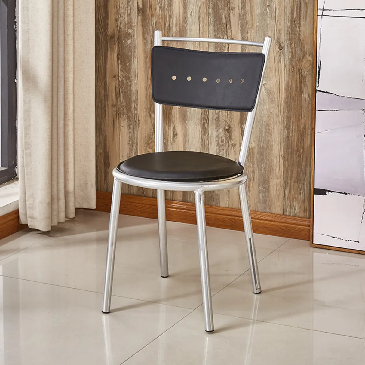 Round Armless Faux Leather Open Back Metal Dining Chair Image - 15