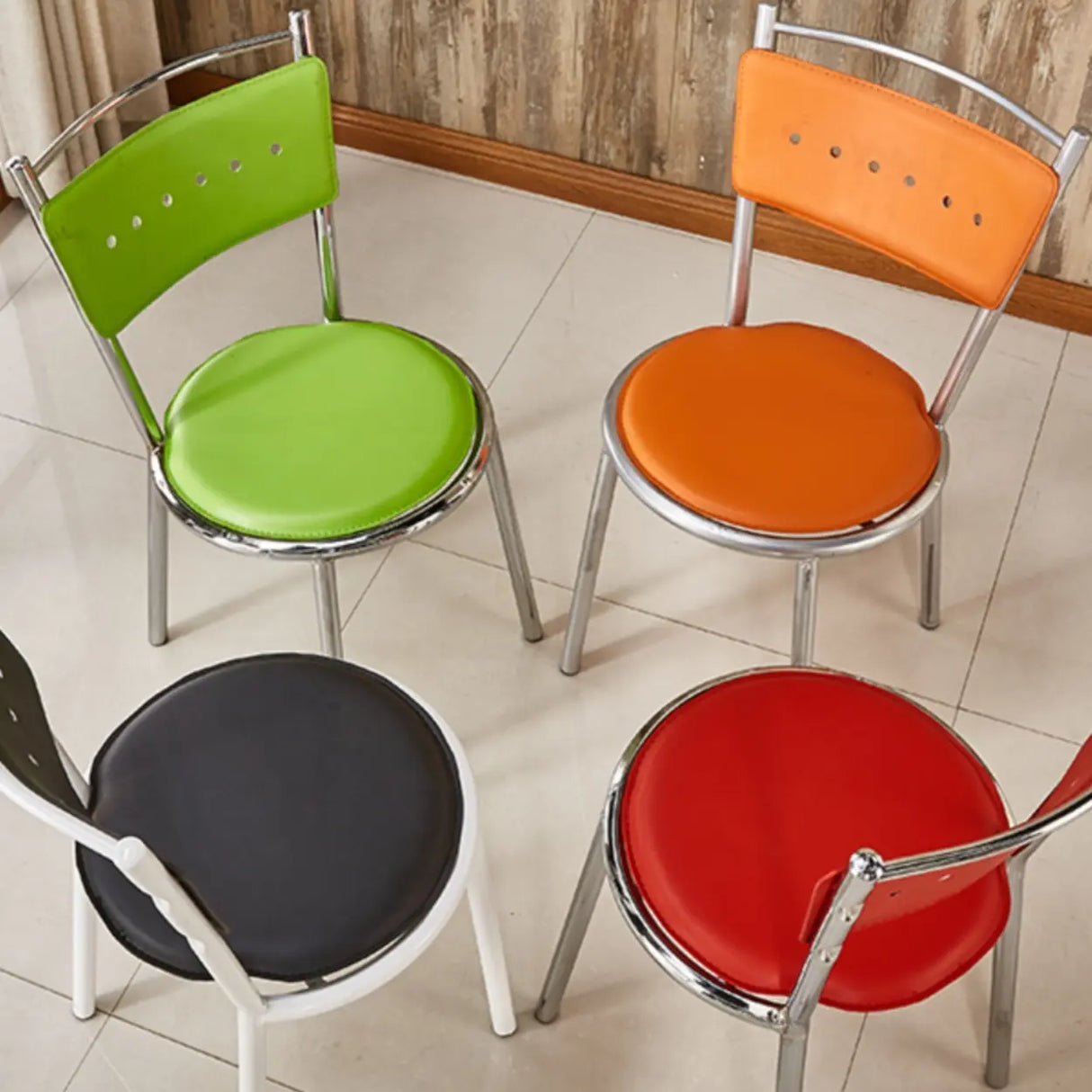 Round Armless Faux Leather Open Back Metal Dining Chair Image - 1