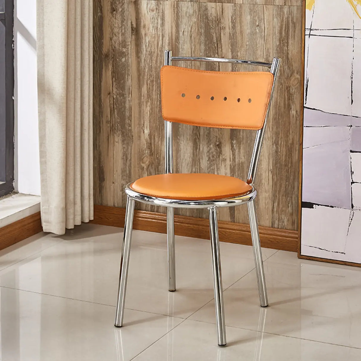 Round Armless Faux Leather Open Back Metal Dining Chair Image - 3