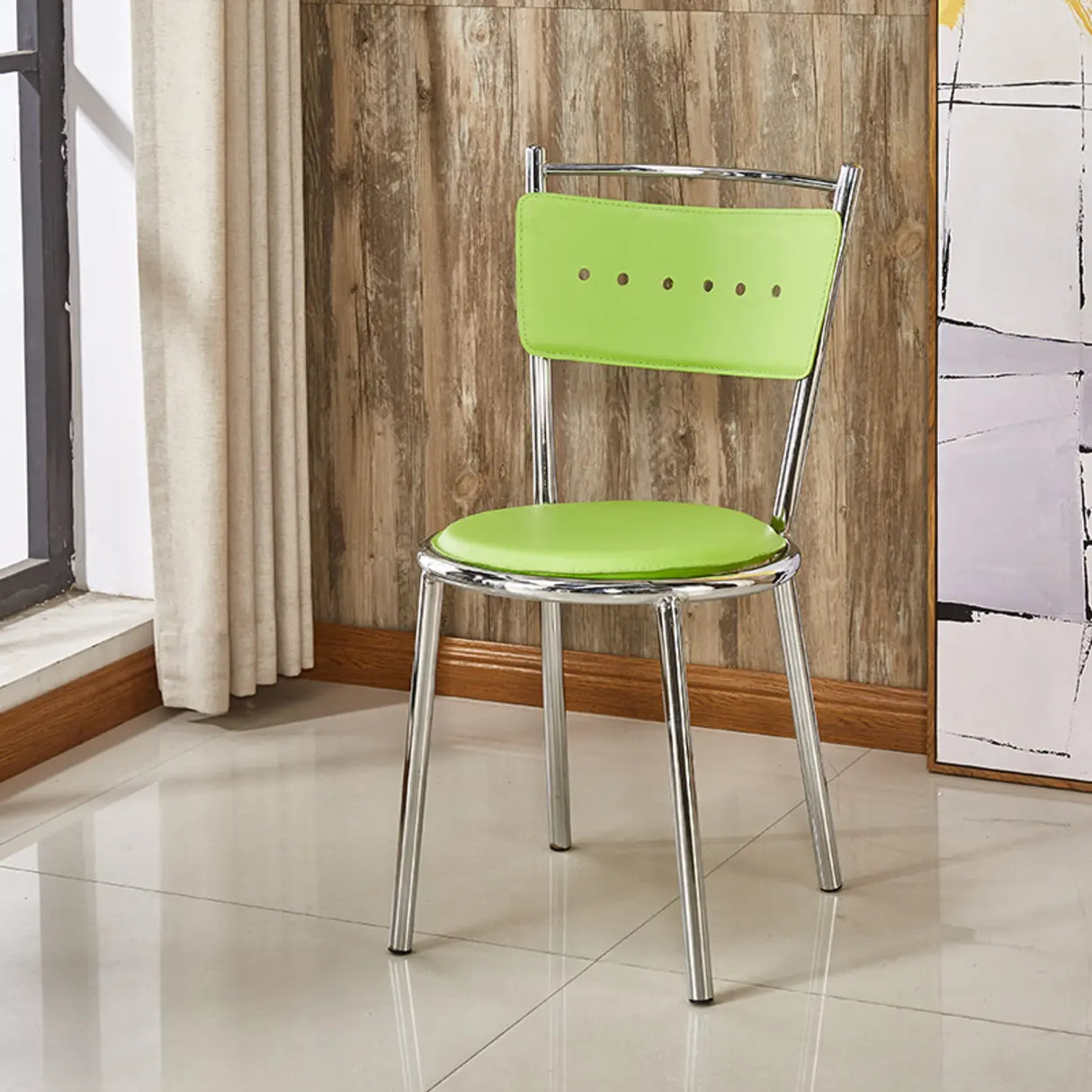 Round Armless Faux Leather Open Back Metal Dining Chair Image - 5