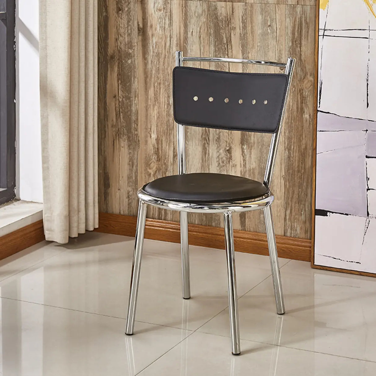 Round Armless Faux Leather Open Back Metal Dining Chair Image - 7