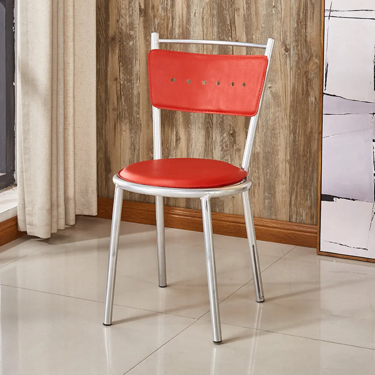 Round Armless Faux Leather Open Back Metal Dining Chair Image - 9