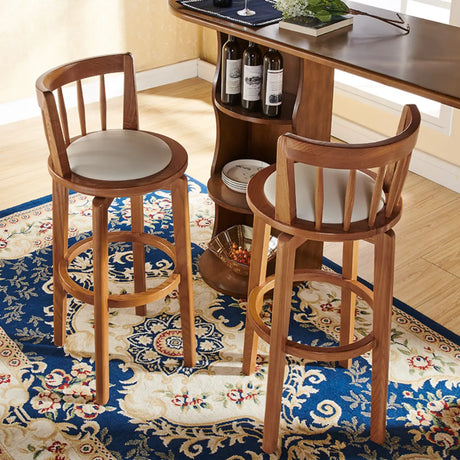 Round Ash Wood Faux Leather Bar Stools Dark Walnut Image - 1