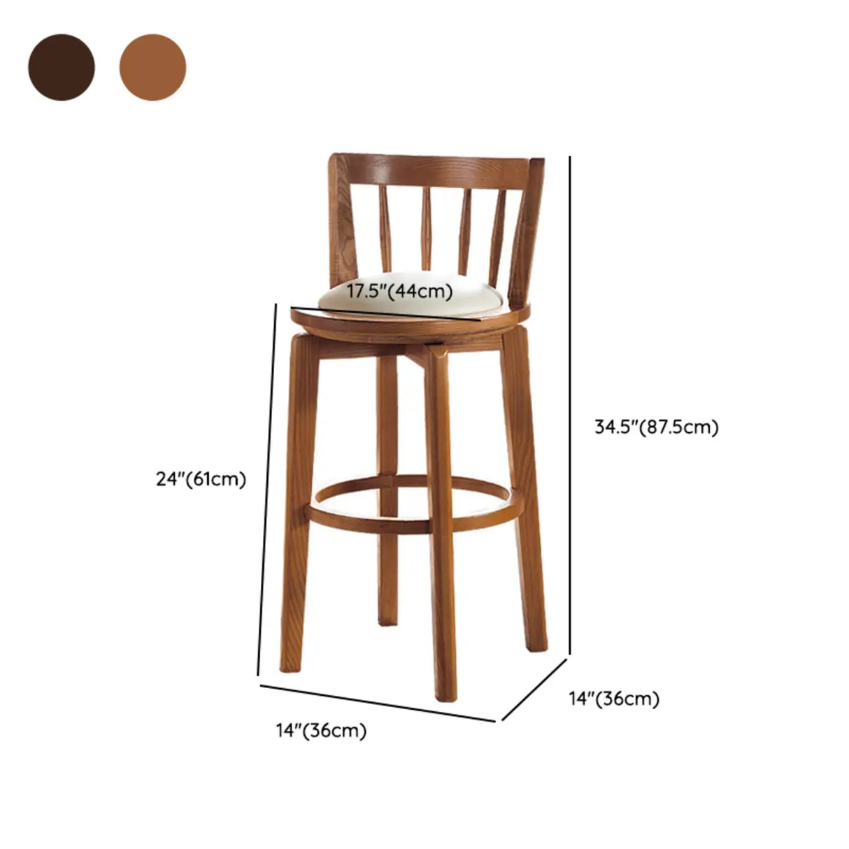 Round Ash Wood Faux Leather Bar Stools Dark Walnut