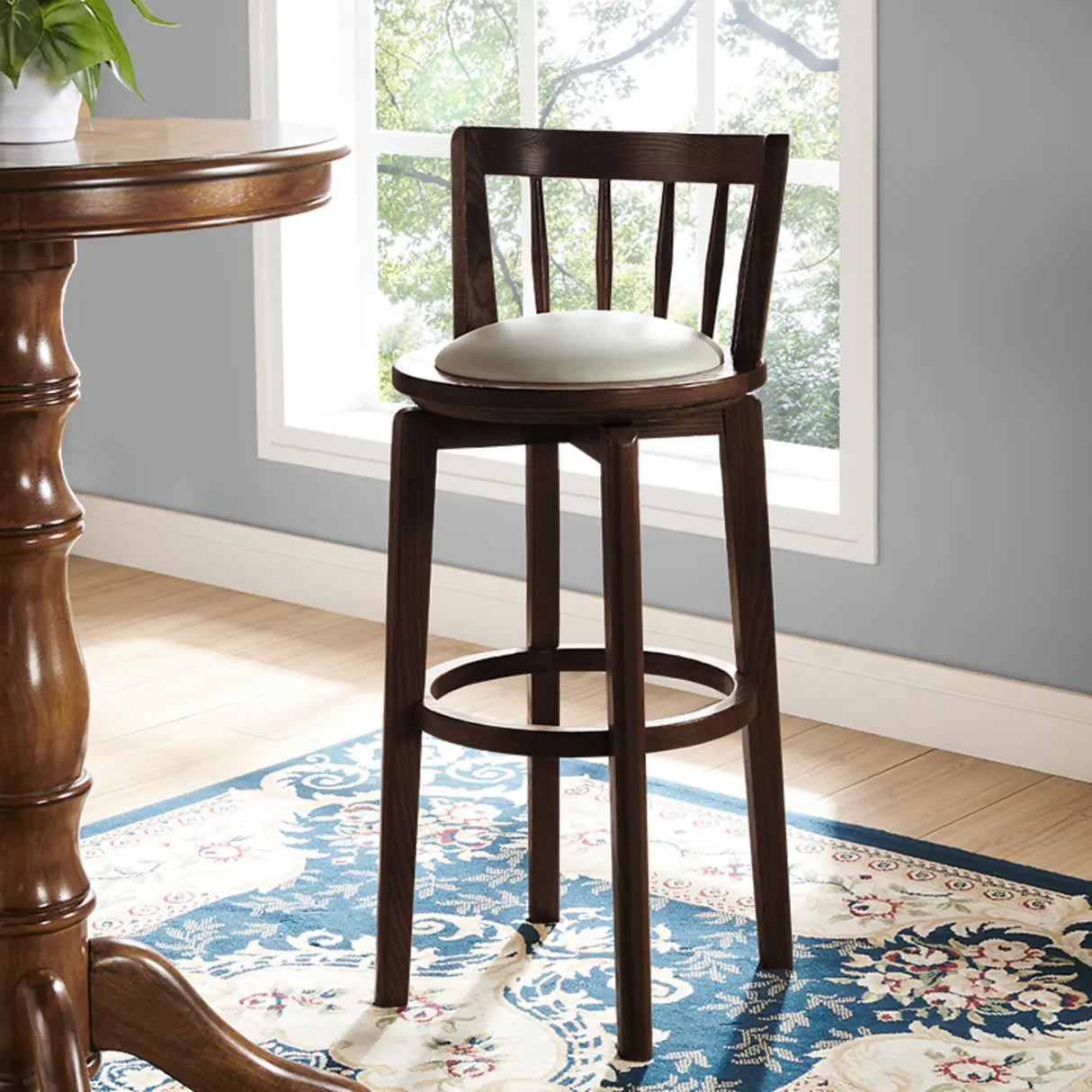 Round Ash Wood Faux Leather Bar Stools Dark Walnut Image - 4