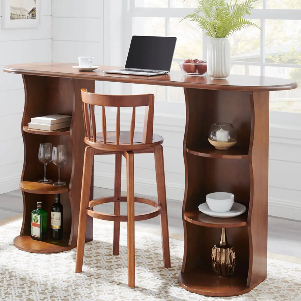 Round Ash Wood Faux Leather Bar Stools Dark Walnut Image - 6
