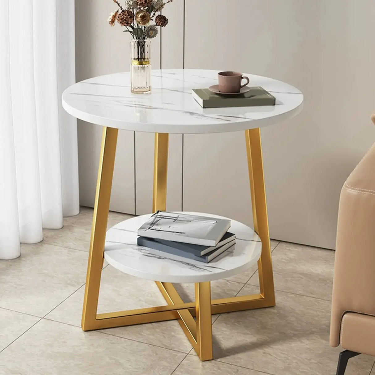 Round Stone Metal Cross Legs End Table with Storage Shelf Image - 7