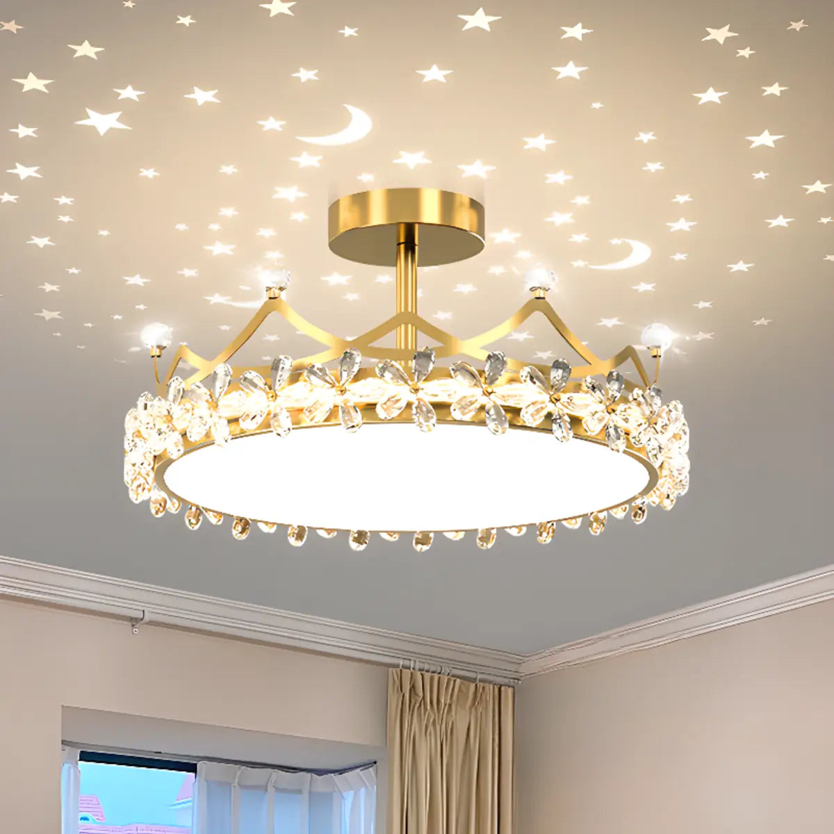 Round Crown Gold Flower Crystal Starry Bedroom Chandelier Image - 3