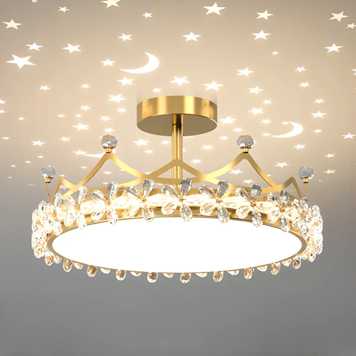 Round Crown Gold Flower Crystal Starry Bedroom Chandelier Image - 4