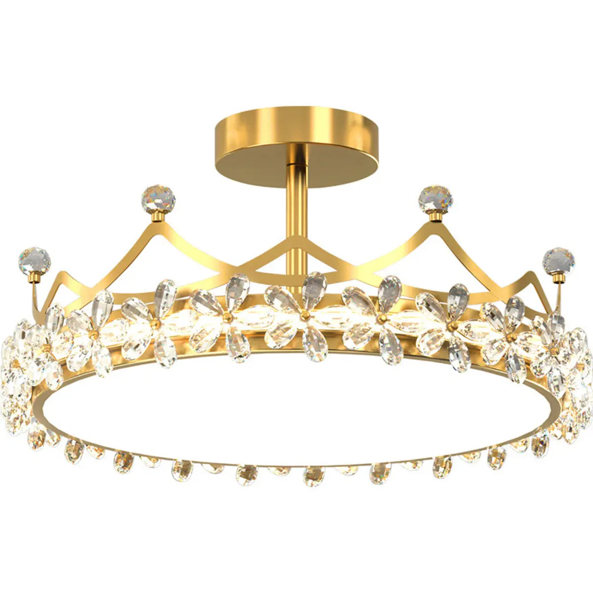 Round Crown Gold Flower Crystal Starry Bedroom Chandelier Image - 5