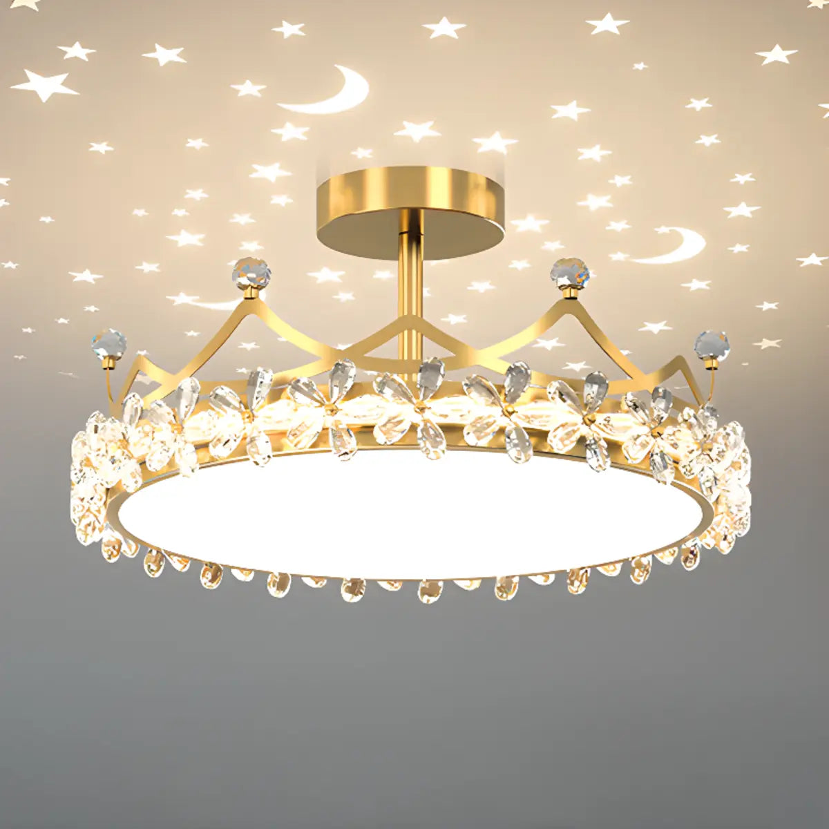 Round Crown Gold Flower Crystal Starry Bedroom Chandelier Image - 6