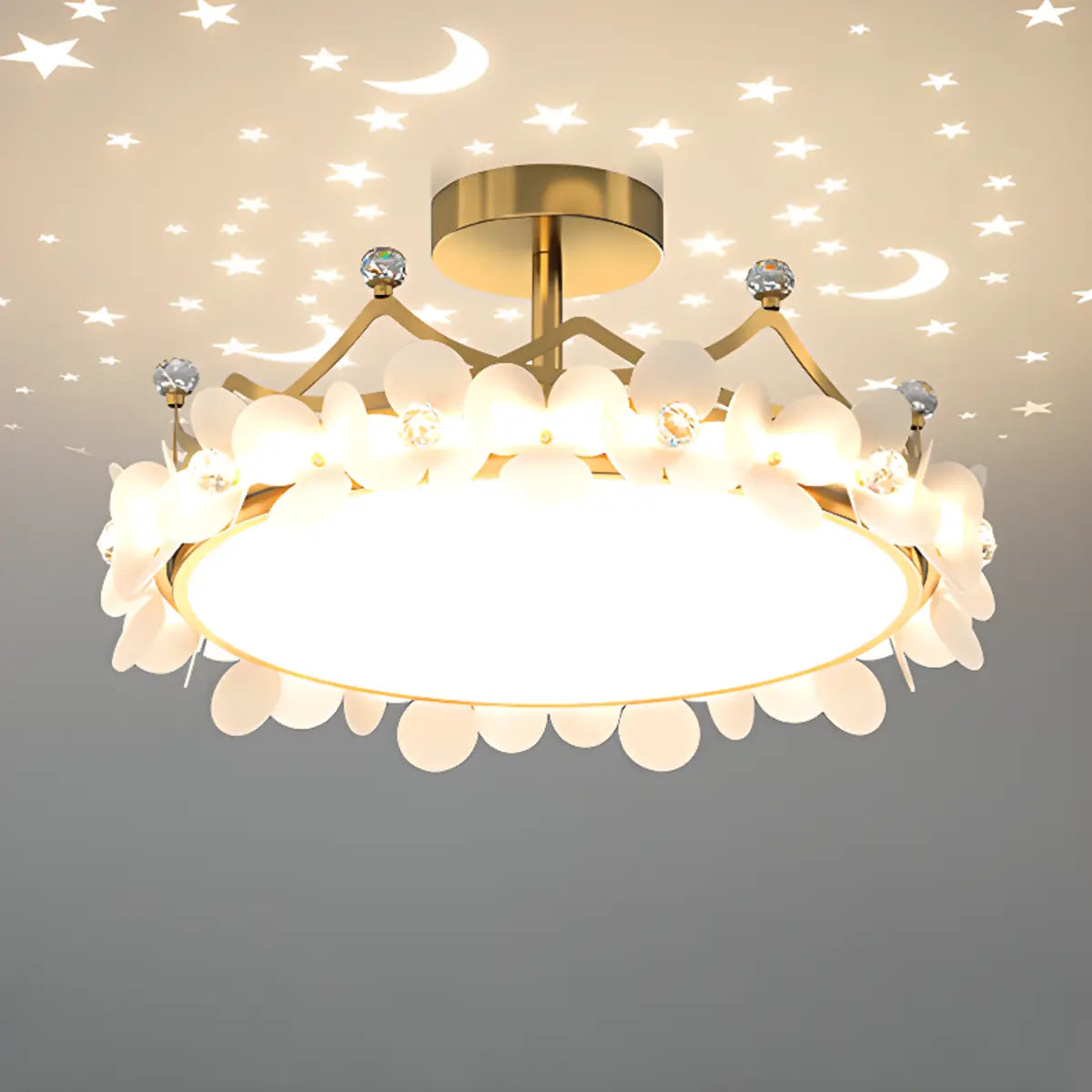 Round Crown Gold Flower Crystal Starry Bedroom Chandelier Image - 7