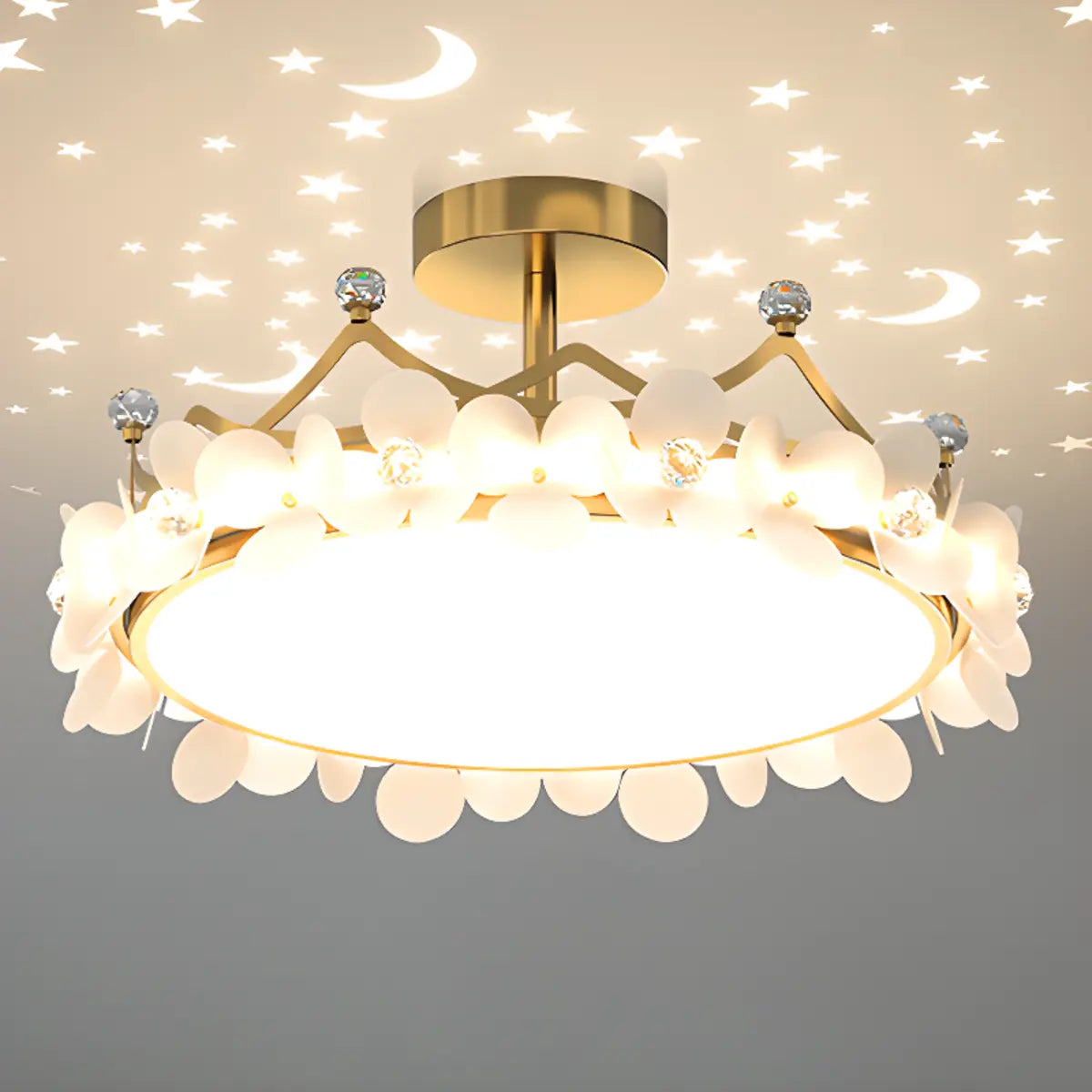 Round Crown Gold Flower Crystal Starry Bedroom Chandelier Image - 8