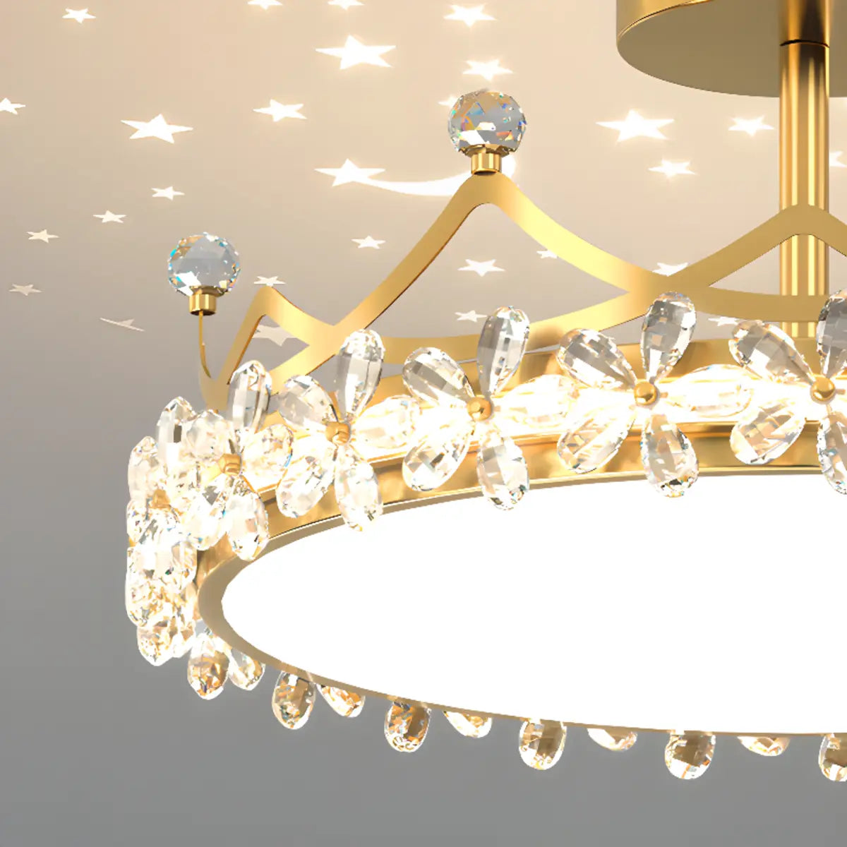 Round Crown Gold Flower Crystal Starry Bedroom Chandelier Image - 9