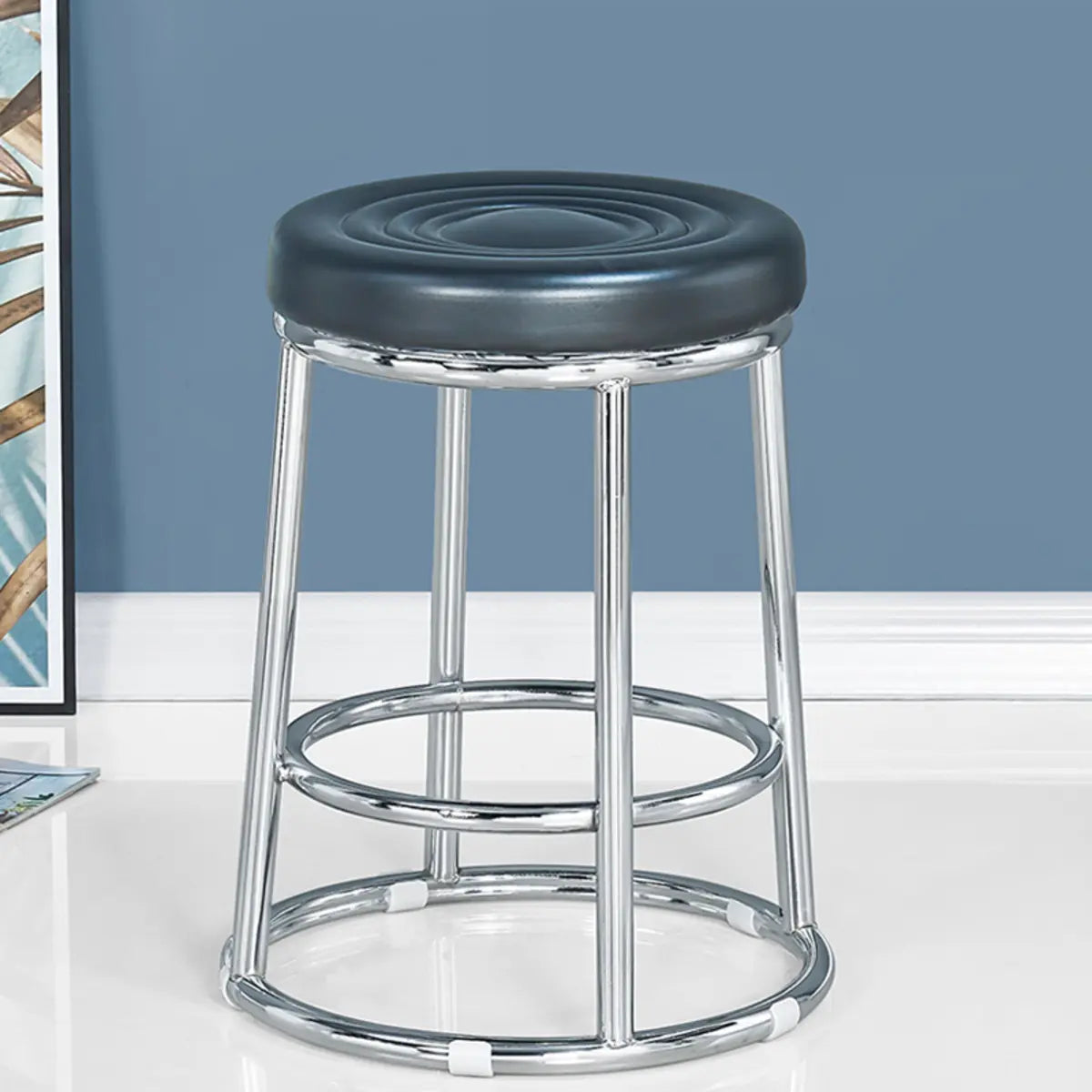 Round Cushioned Seat Metal Backless Bar Stool Black Image - 11