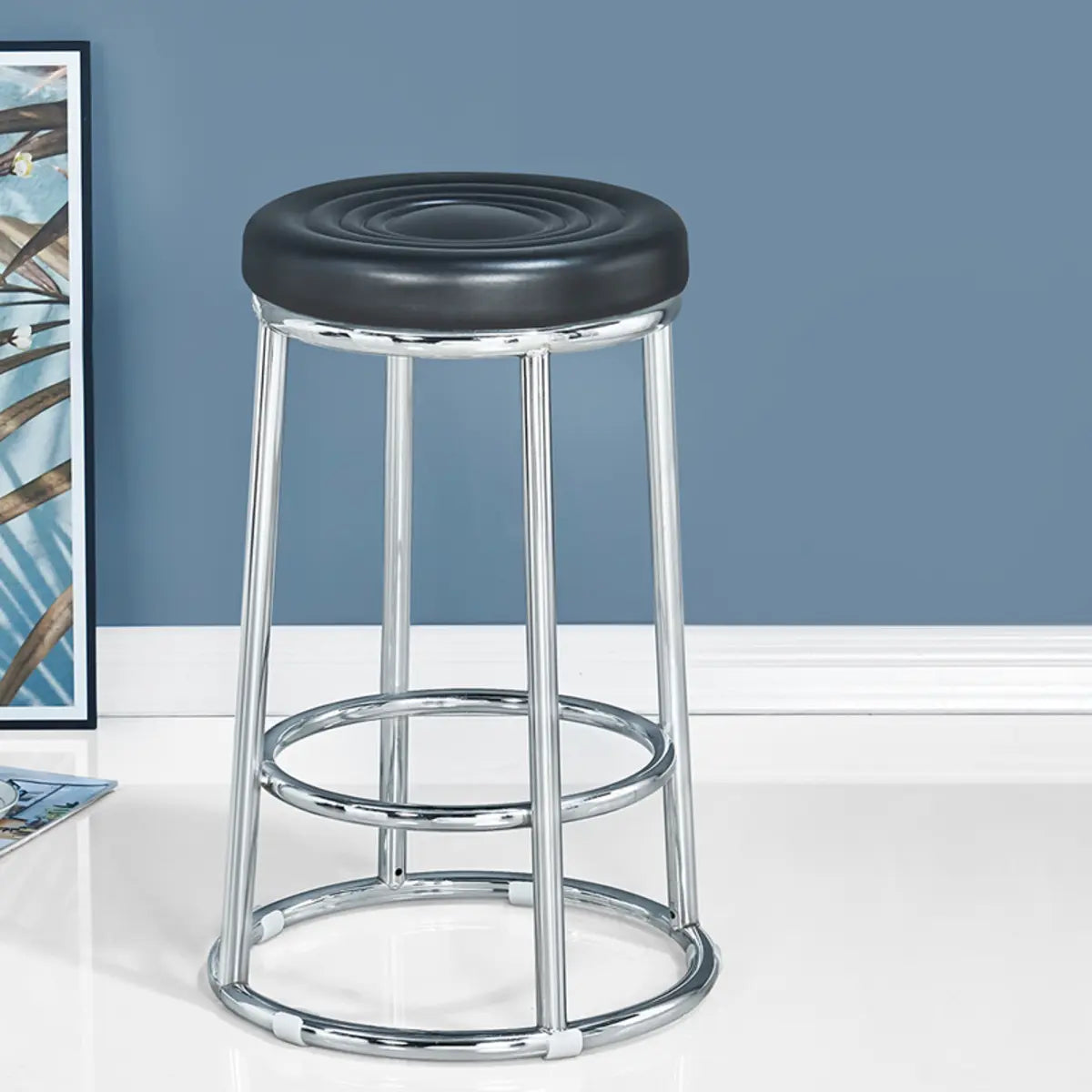 Round Cushioned Seat Metal Backless Bar Stool Black Image - 24