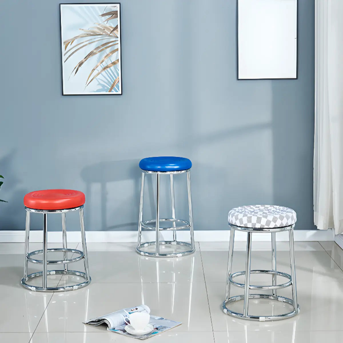 Round Cushioned Seat Metal Backless Bar Stool Black Image - 5