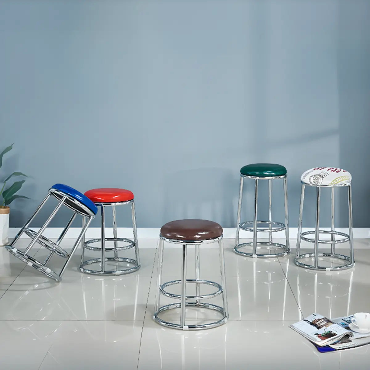 Round Cushioned Seat Metal Backless Bar Stool Black Image - 8