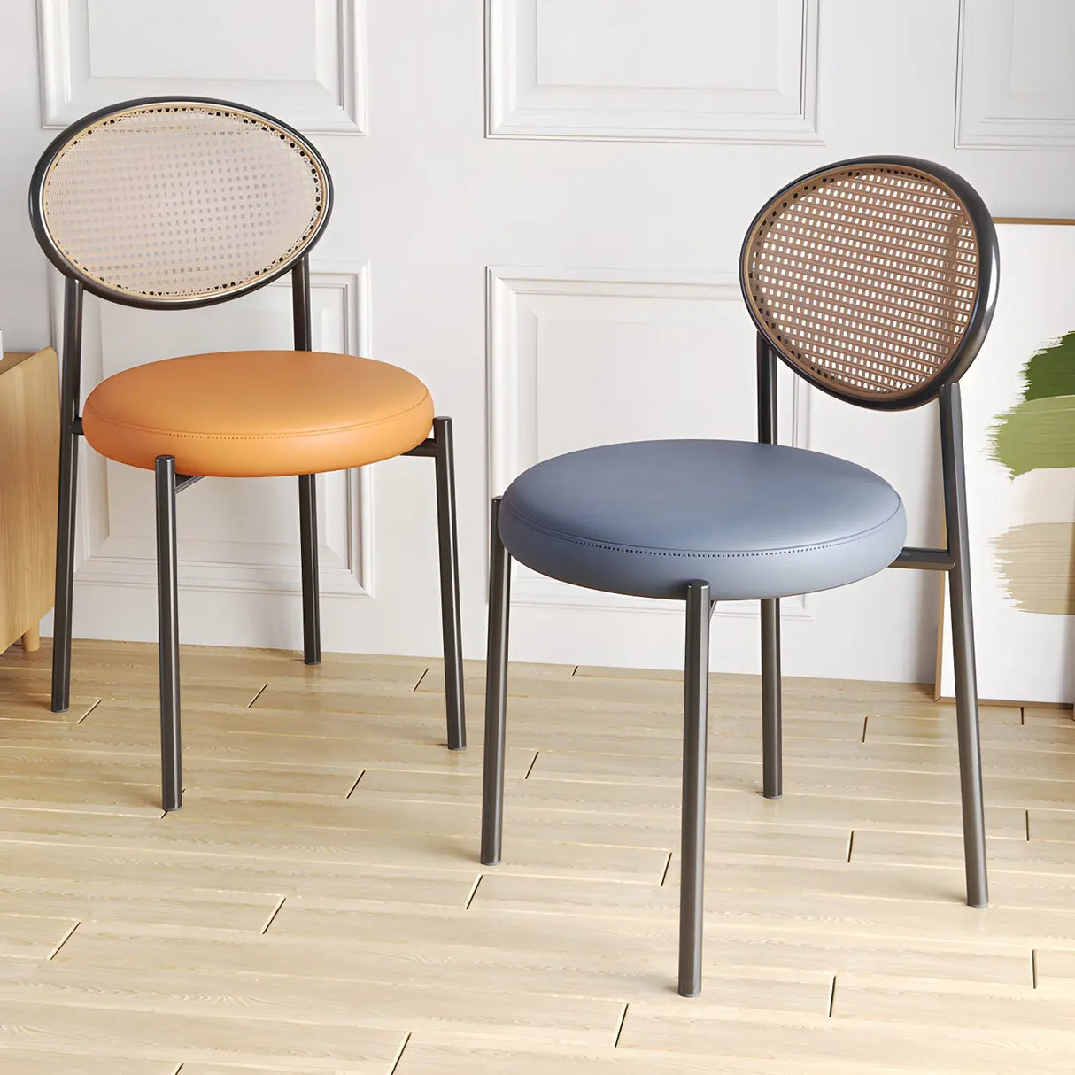 Round Faux Leather Upholstered Rattan Back Dining Chair Image - 1