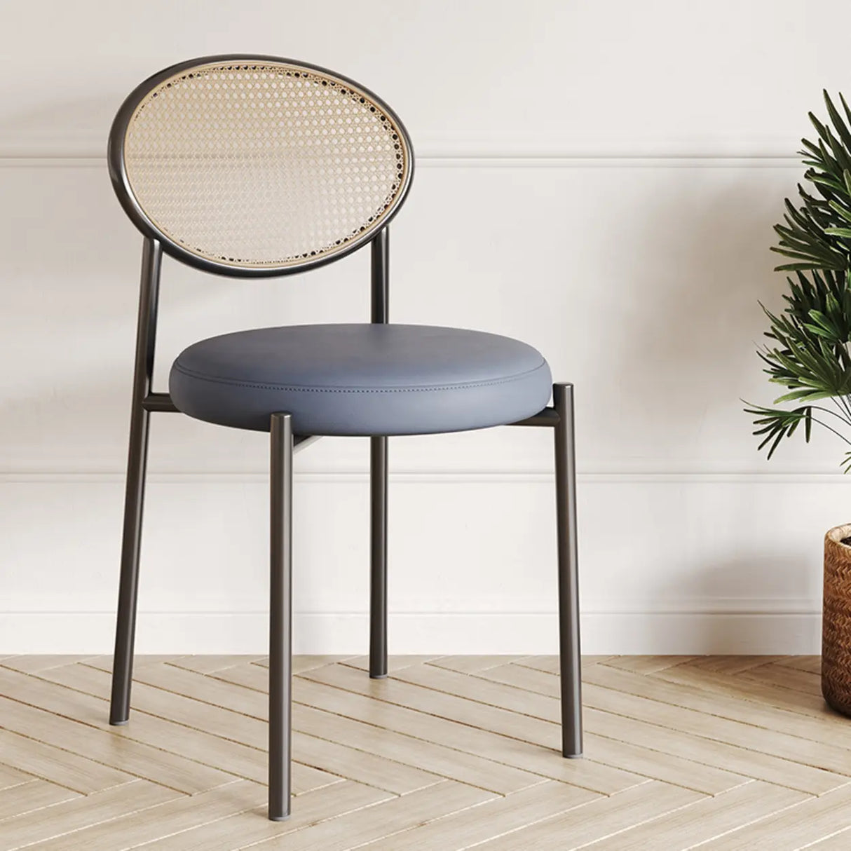 Round Faux Leather Upholstered Rattan Back Dining Chair Image - 13