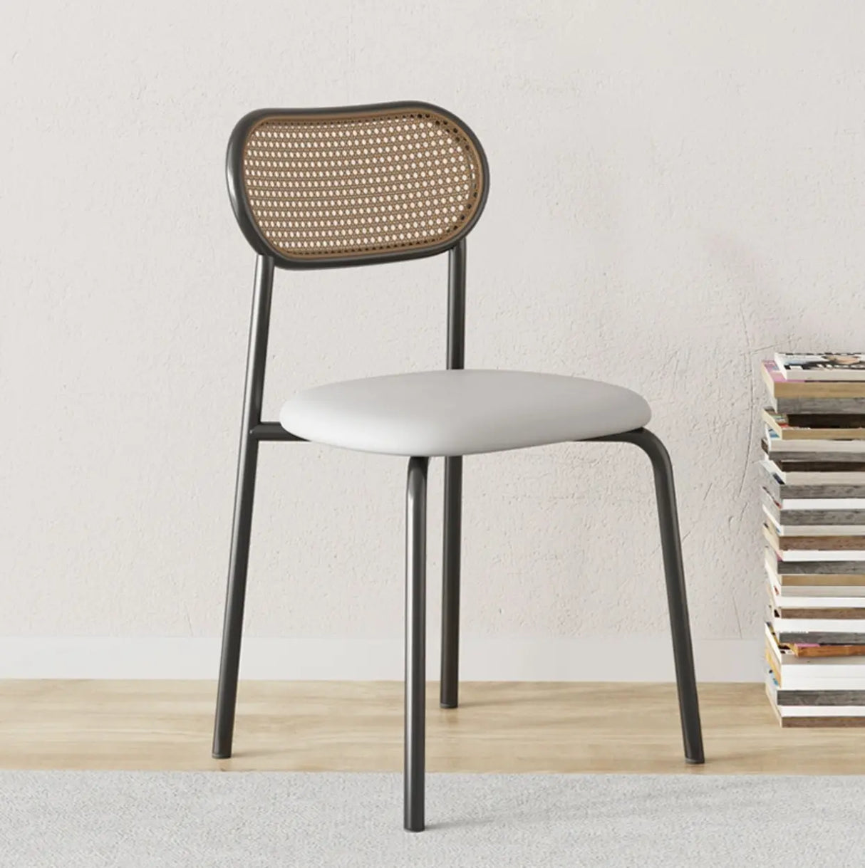 Round Faux Leather Upholstered Rattan Back Dining Chair Image - 15