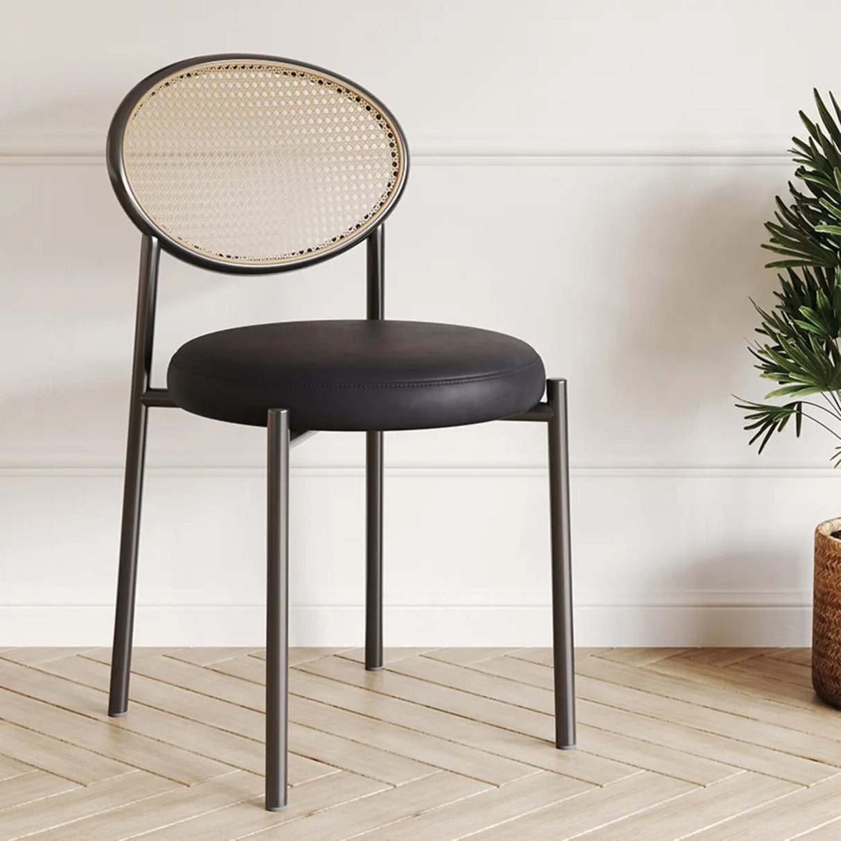 Round Faux Leather Upholstered Rattan Back Dining Chair Image - 17