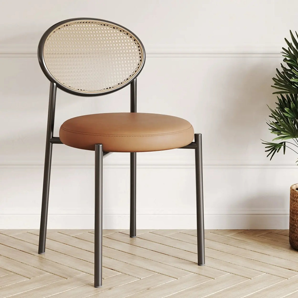 Round Faux Leather Upholstered Rattan Back Dining Chair Image - 21