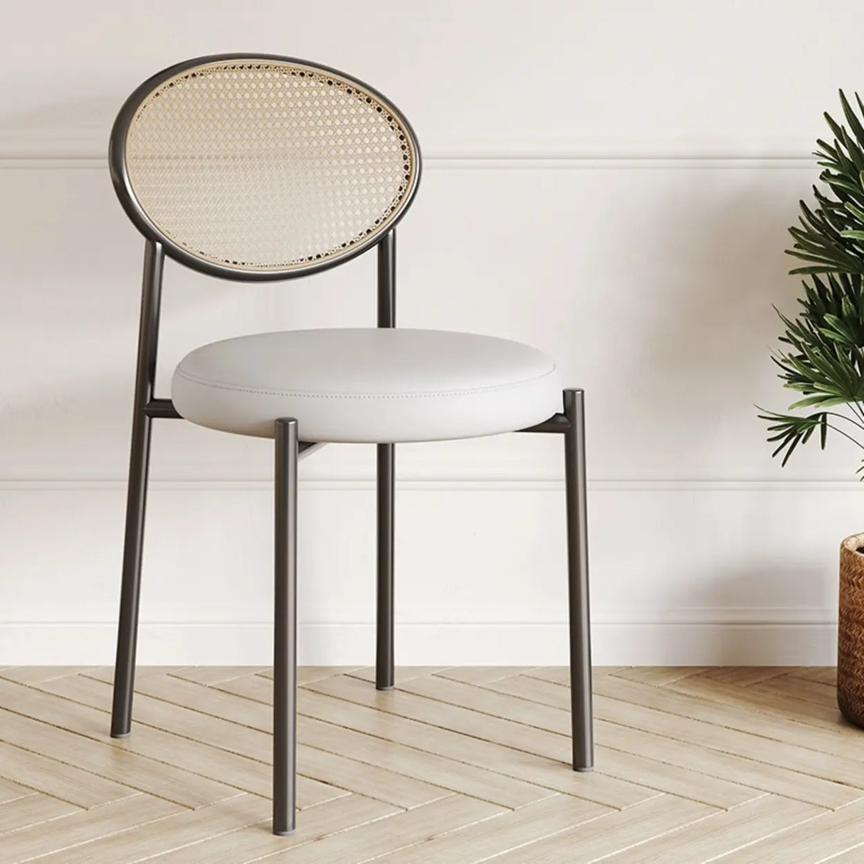 Round Faux Leather Upholstered Rattan Back Dining Chair Image - 2