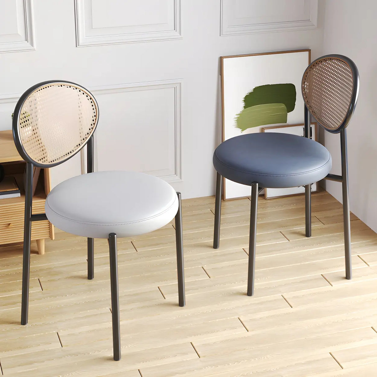 Round Faux Leather Upholstered Rattan Back Dining Chair Image - 3