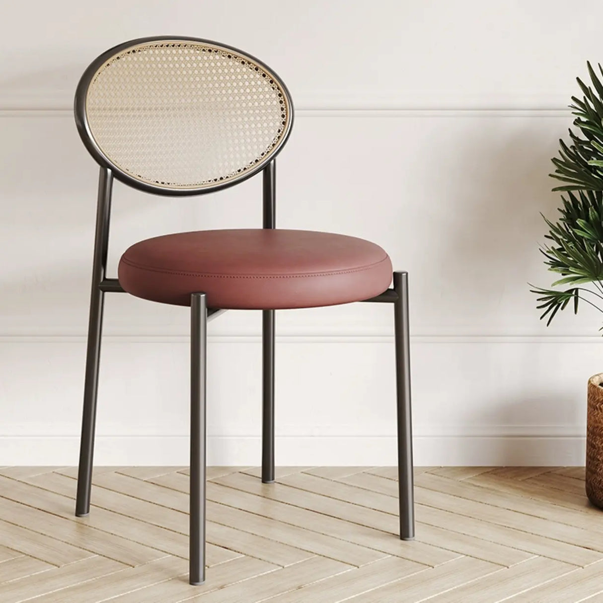 Round Faux Leather Upholstered Rattan Back Dining Chair Image - 4