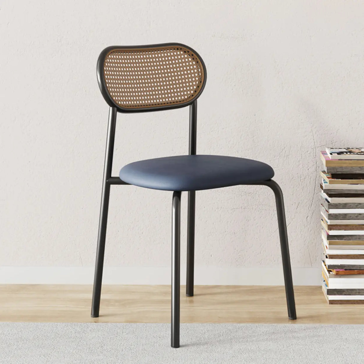 Round Faux Leather Upholstered Rattan Back Dining Chair Image - 5