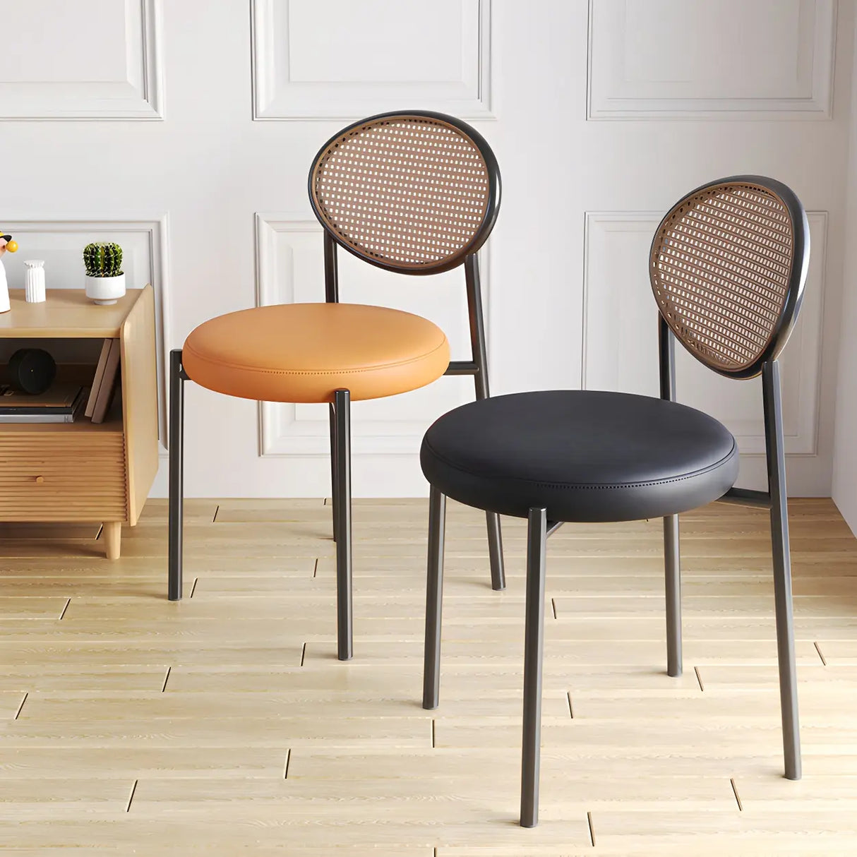 Round Faux Leather Upholstered Rattan Back Dining Chair Image - 6