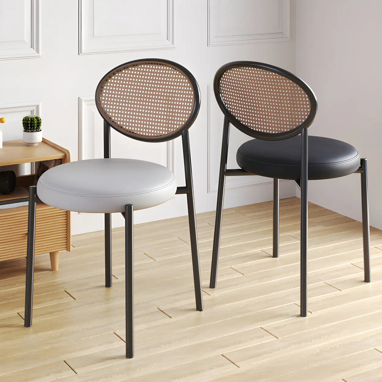 Round Faux Leather Upholstered Rattan Back Dining Chair Image - 8