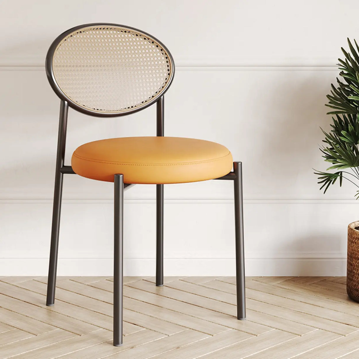 Round Faux Leather Upholstered Rattan Back Dining Chair Image - 9