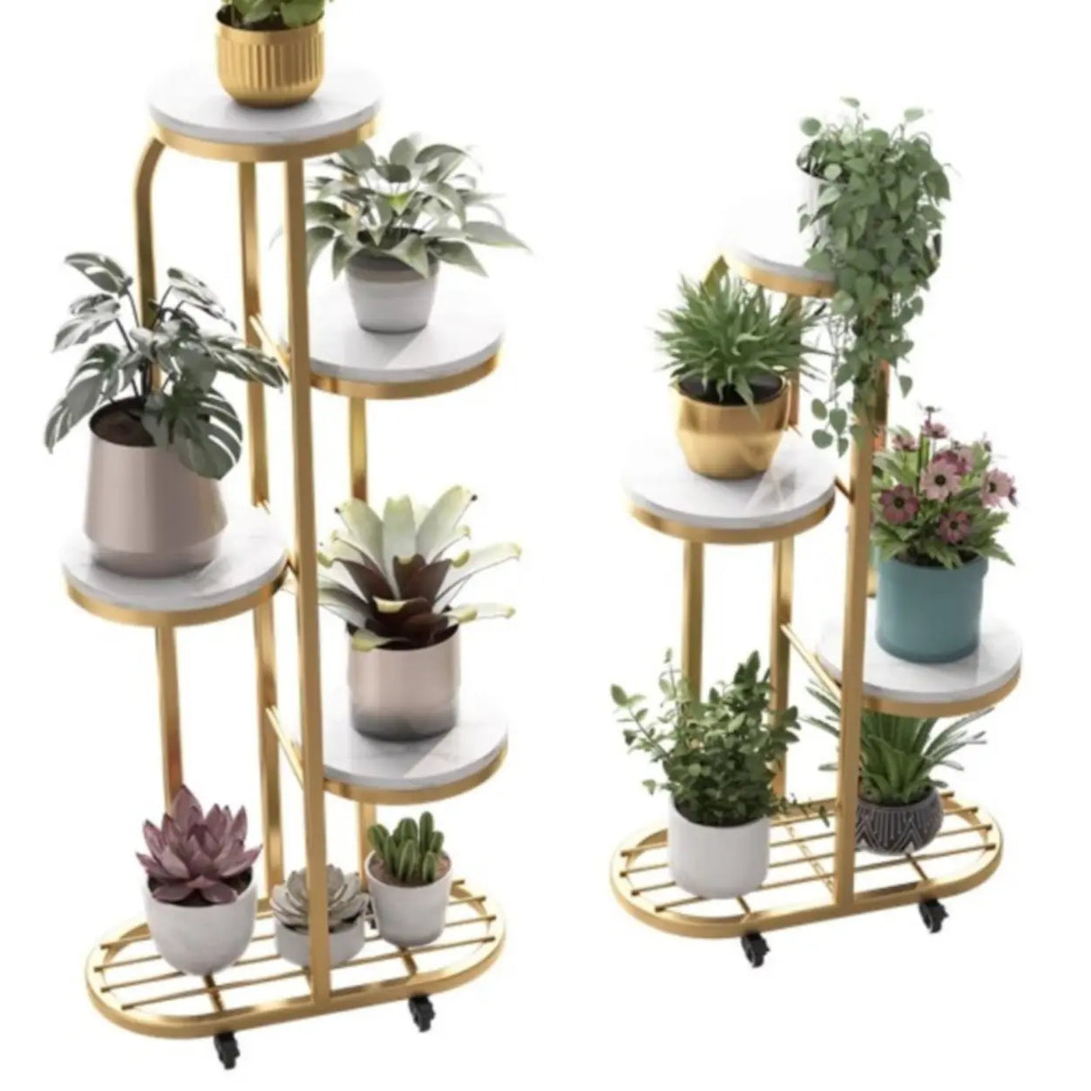 Round Faux Marble Tray Arched Plant Stand with Wheels Image - 10