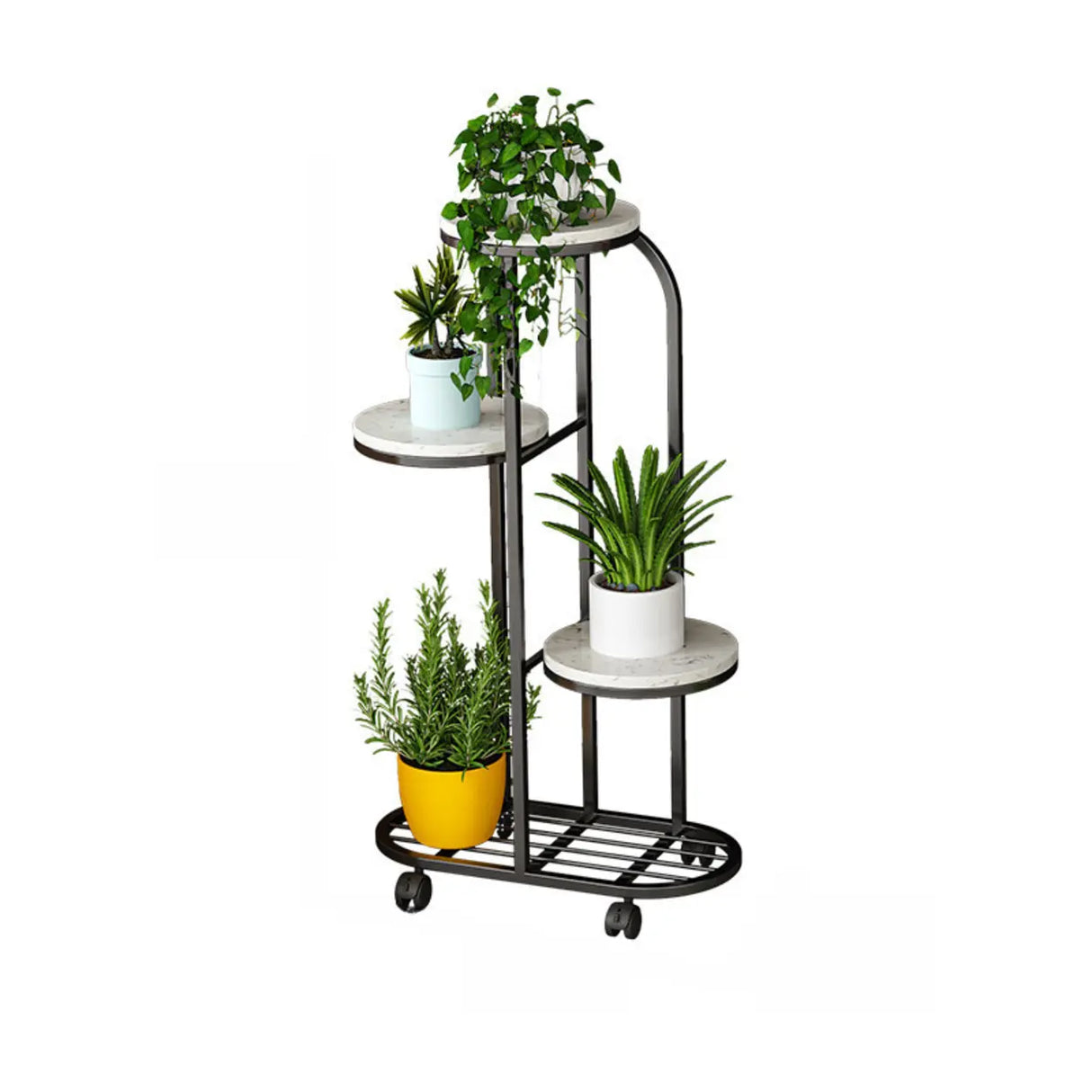 Round Faux Marble Tray Arched Plant Stand with Wheels Image - 11