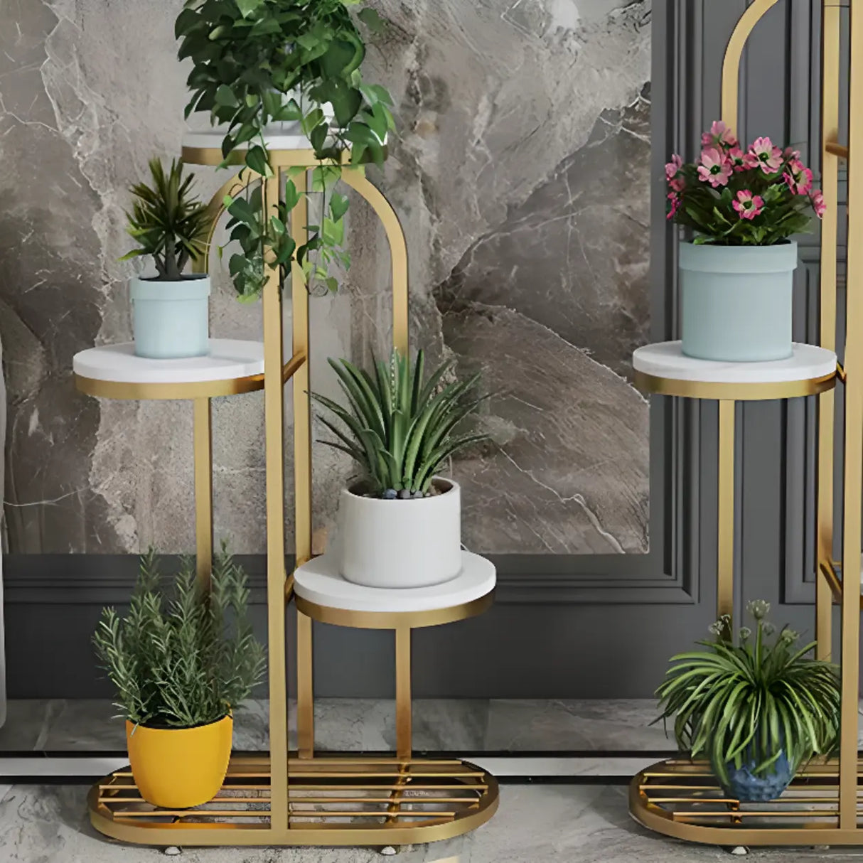 Round Faux Marble Tray Arched Plant Stand with Wheels Image - 12