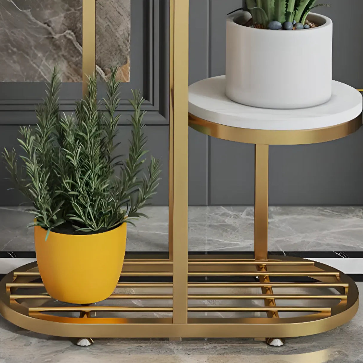 Round Faux Marble Tray Arched Plant Stand with Wheels Image - 13