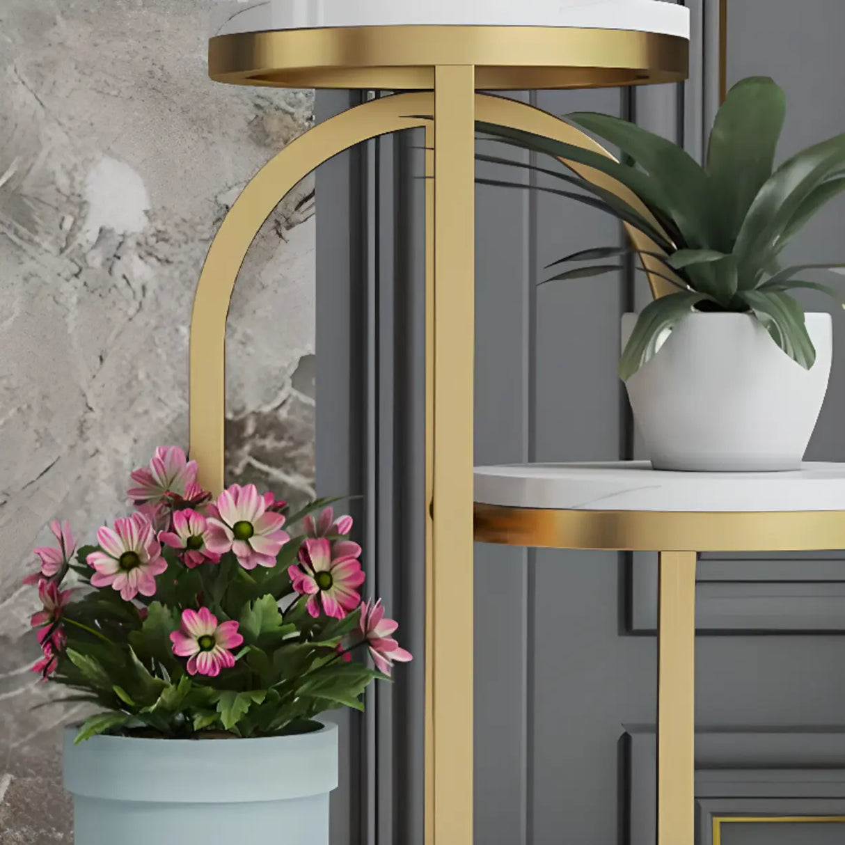 Round Faux Marble Tray Arched Plant Stand with Wheels Image - 14