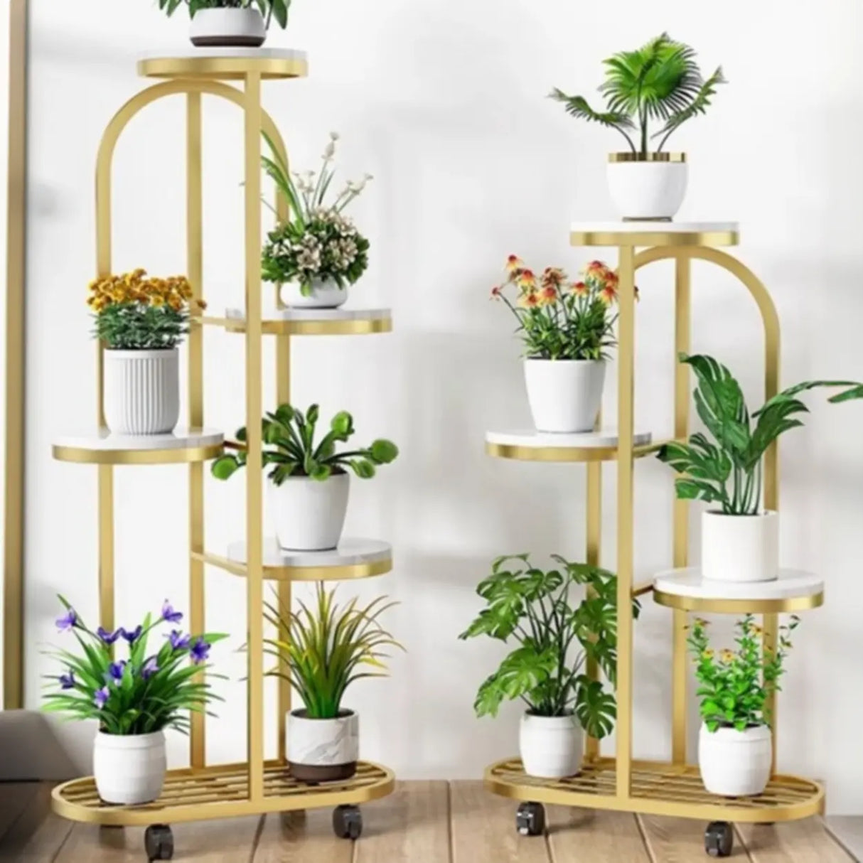 Round Faux Marble Tray Arched Plant Stand with Wheels Image - 1