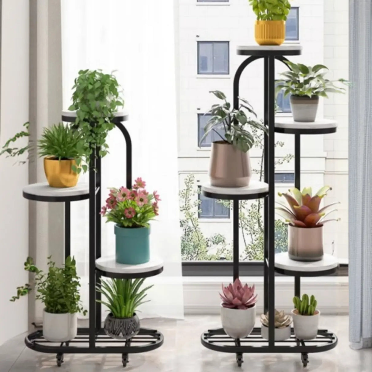 Round Faux Marble Tray Arched Plant Stand with Wheels Image - 4