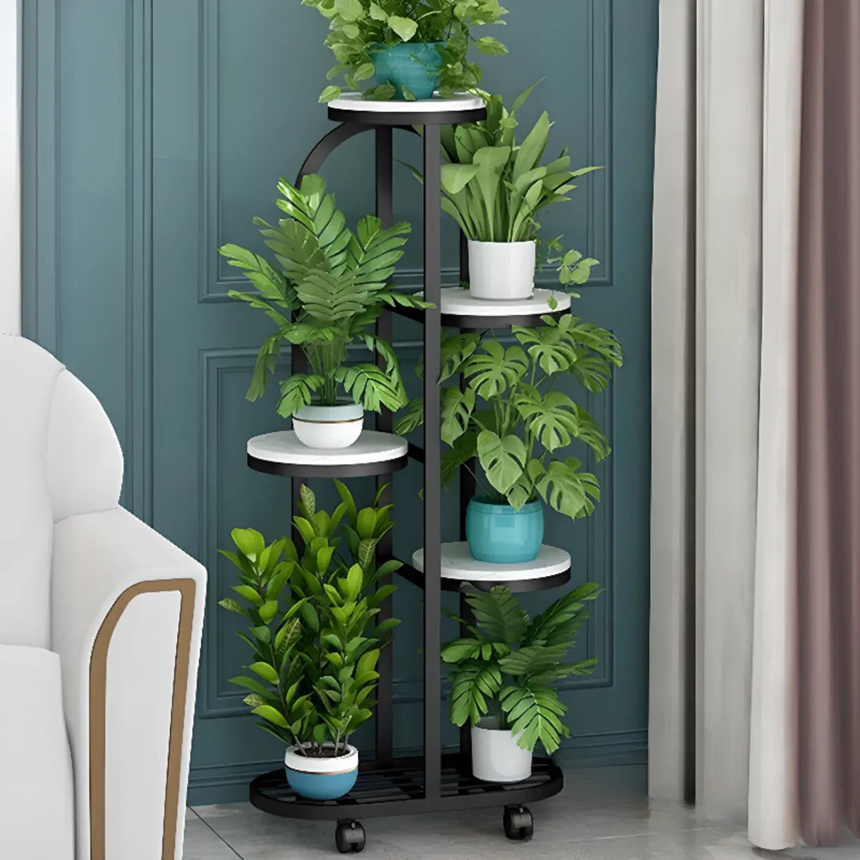 Round Faux Marble Tray Arched Plant Stand with Wheels Image - 5