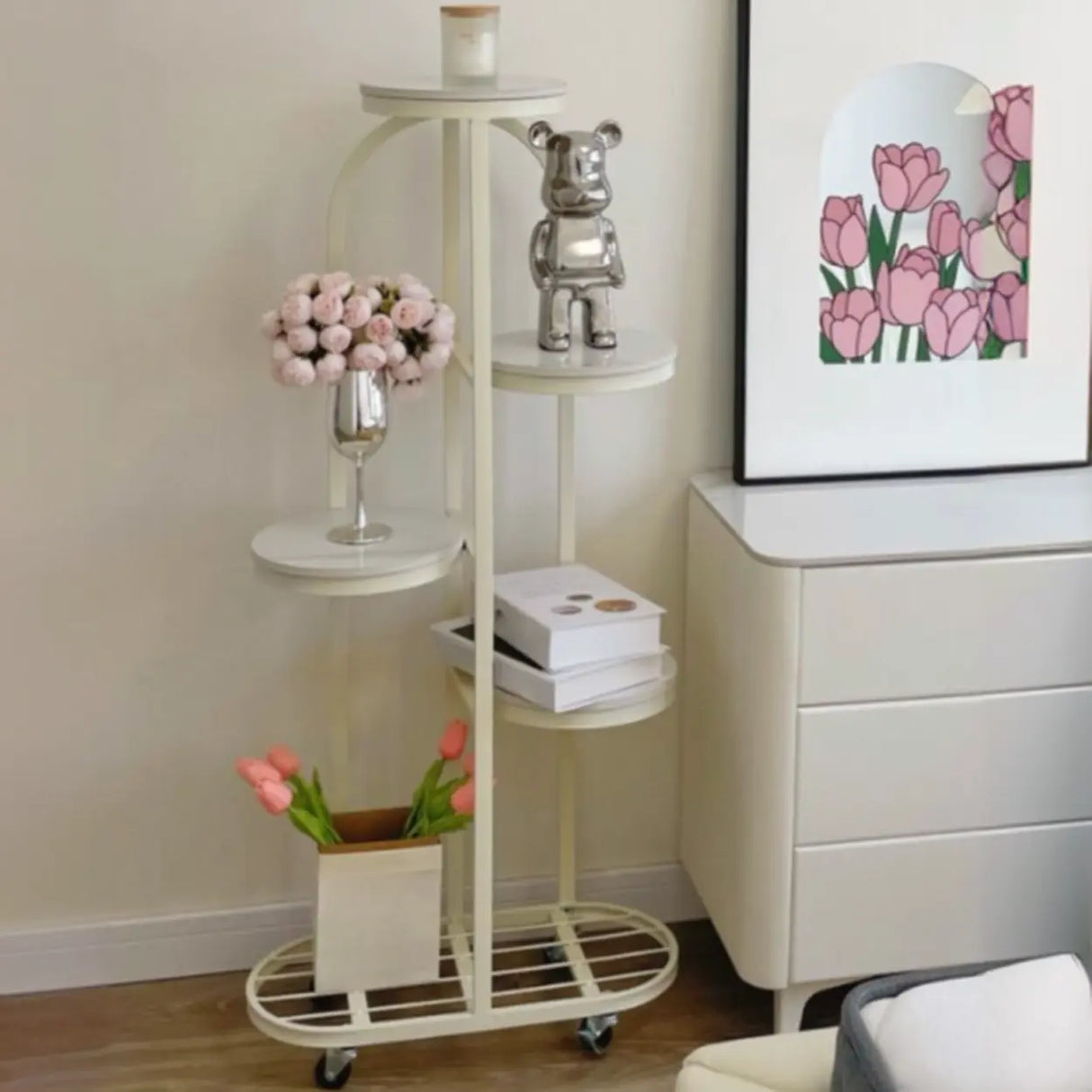 Round Faux Marble Tray Arched Plant Stand with Wheels Image - 6