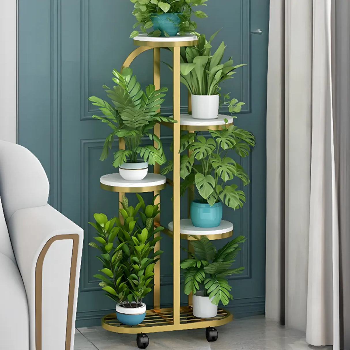 Round Faux Marble Tray Arched Plant Stand with Wheels Image - 7